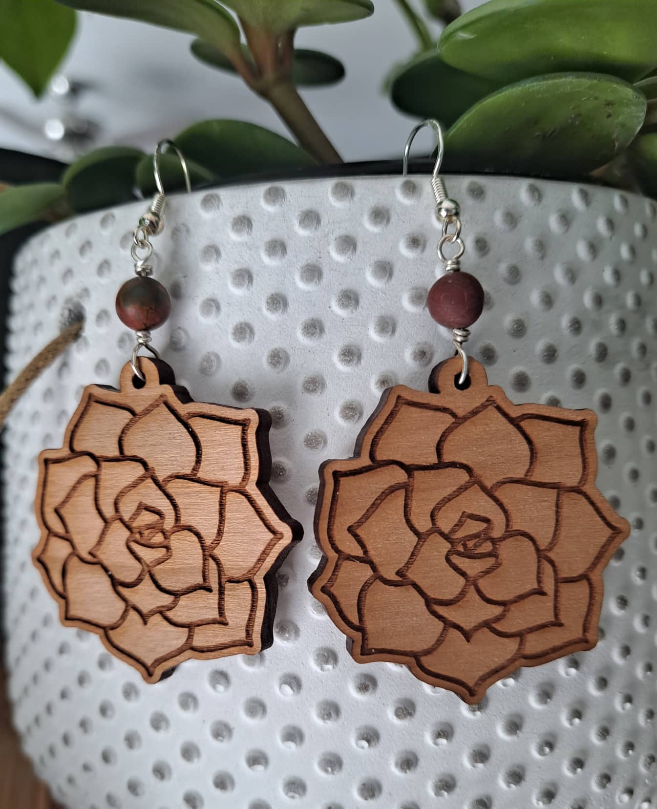 Wood and Sterling Silver Succulent Earrings