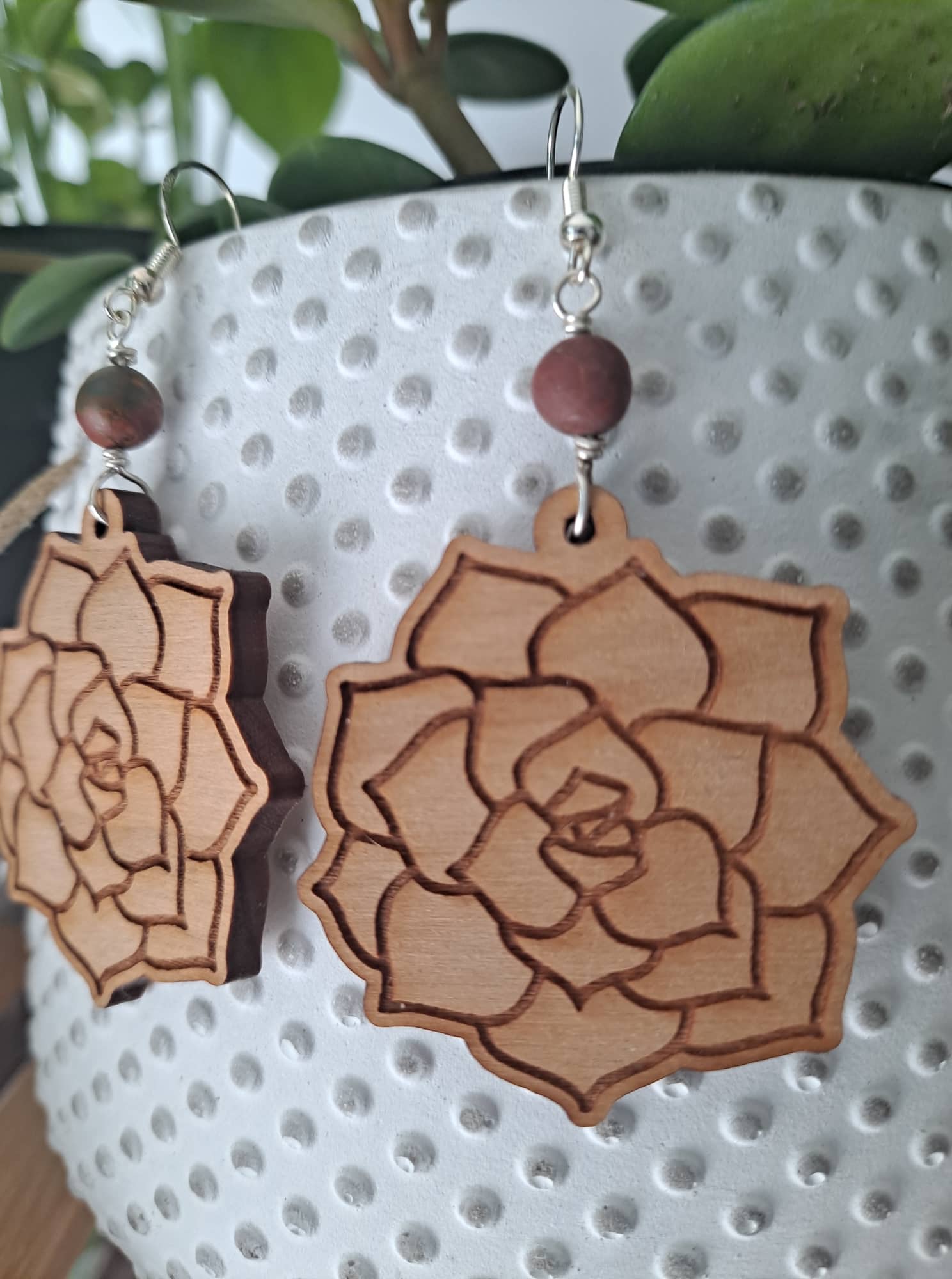 Wood and Sterling Silver Succulent Earrings