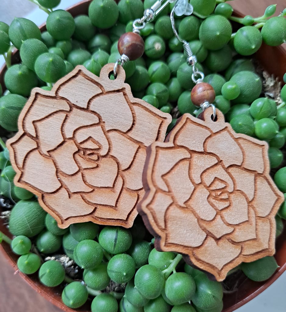 Cherry Wood and Sterling Silver Succulent Earrings